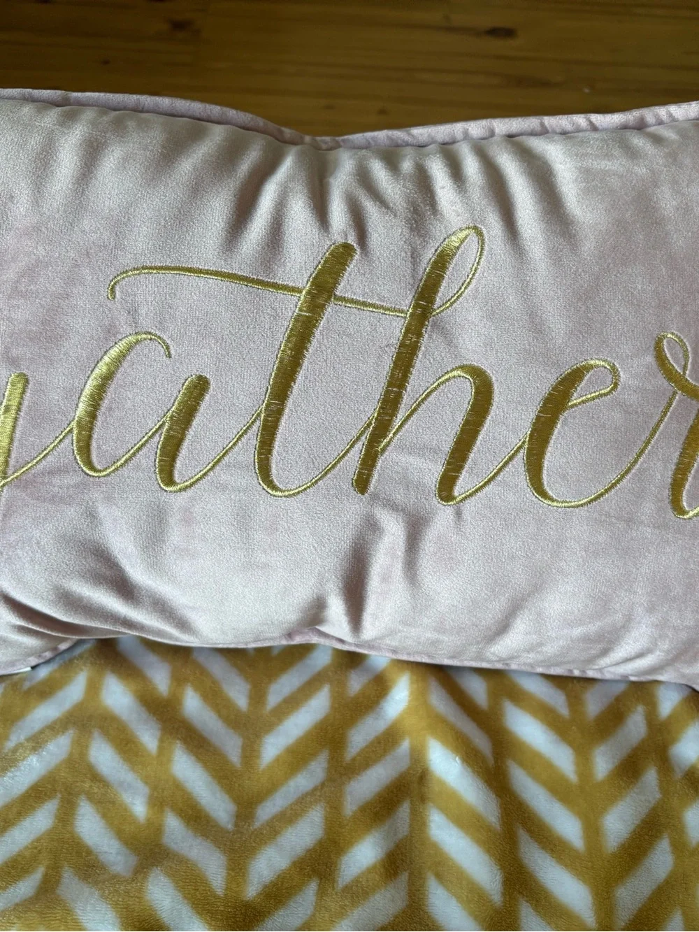 Pink Velvet 'Gather' Accent Pillow with Gold Script